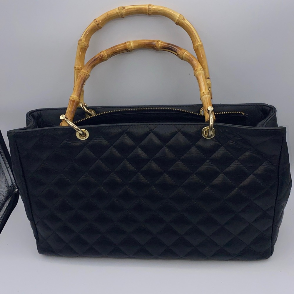 Quilted Leather Tote Bag Womens Medium Black Excellent Bamboo Handles